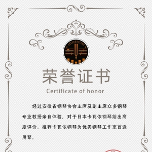 关于卡瓦依钢琴被评为优秀钢琴工作室推荐用琴荣誉证书！